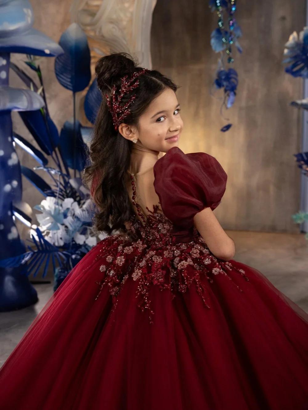 Robe de princesse en dentelle bordeaux avec appliques, tenue de spectacle pour enfants, manches bouf