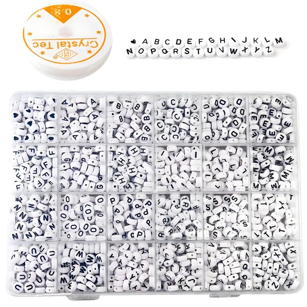 1200 pièces de perles rondes avec lettres pour la fabrication de bijoux, avec ligne de cristal, Kits