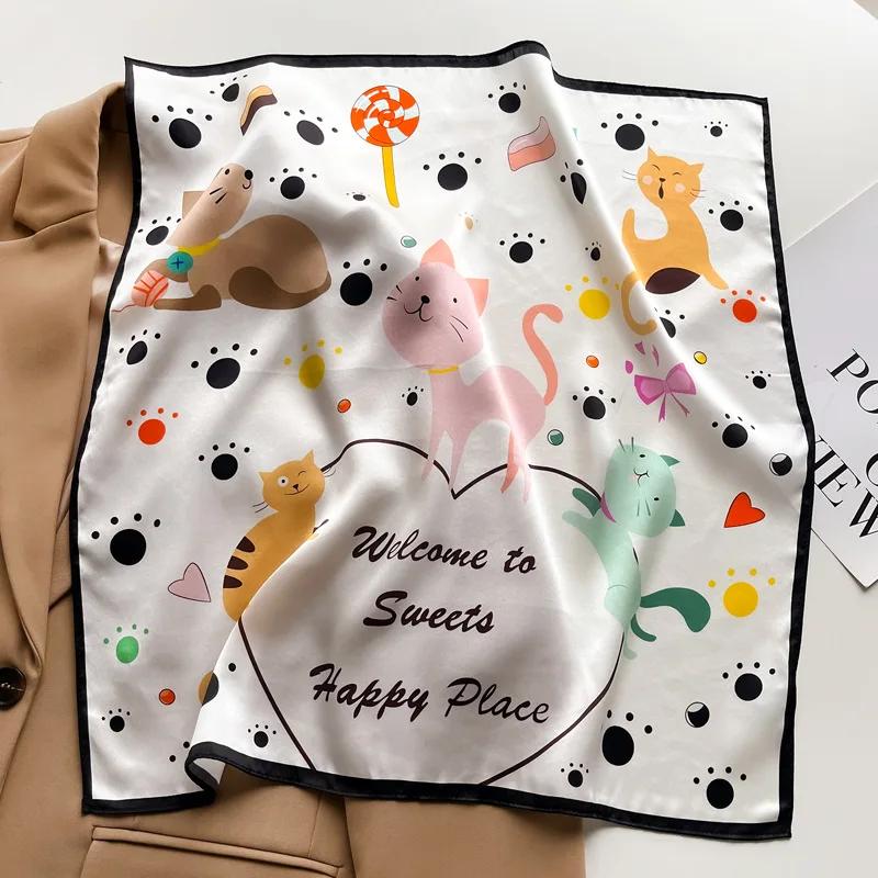 Écharpe de chat de dessin animé mignon, Bandanas 100% soie de mûrier, foulards de luxe pour enfants,