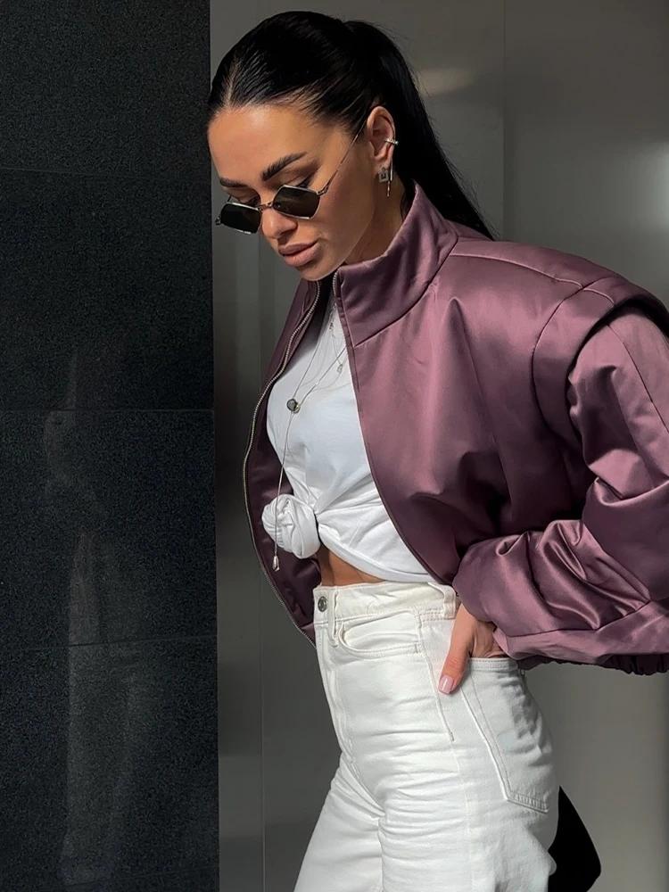 Nouvelle veste bomber en satin SLTNX pour femme, mauve, à manches bouffantes, courte, zippée, décont