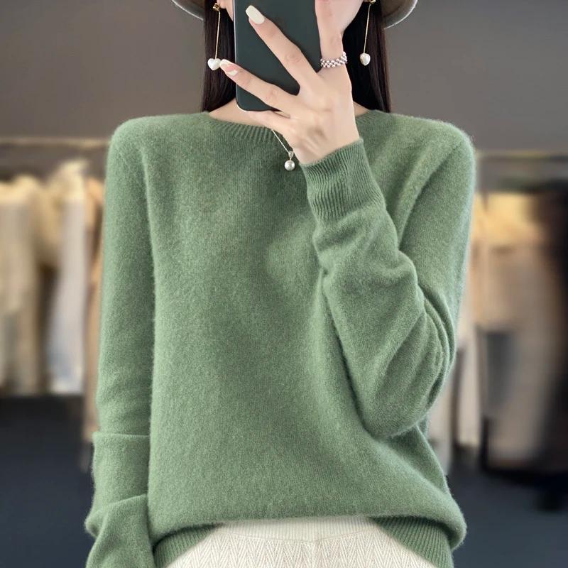 Pull tricoté en laine mérinos Pure pour femme, pull à col rond, sans couture, en cachemire, vêtement