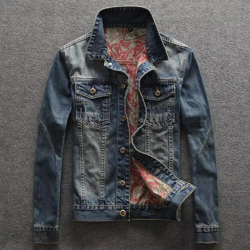 Manteau en jean pour homme, printemps-automne, col rabattu, simple boutonnage, coupe ajustée, bleu d