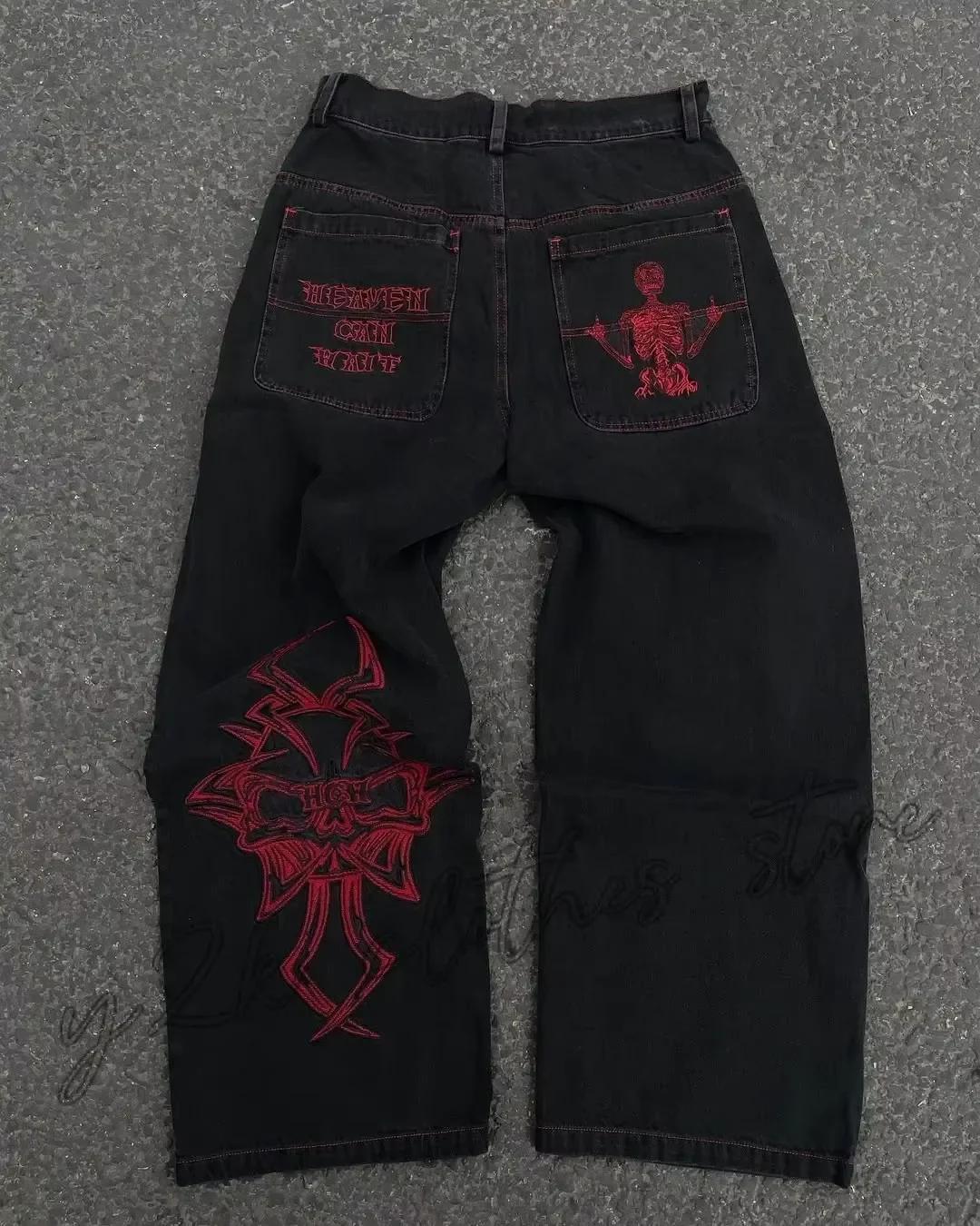 Nouveau Jean Y2K pour Homme, style Hip Hop, avec broderie crâne rétro, en denim délavé, coupe droite