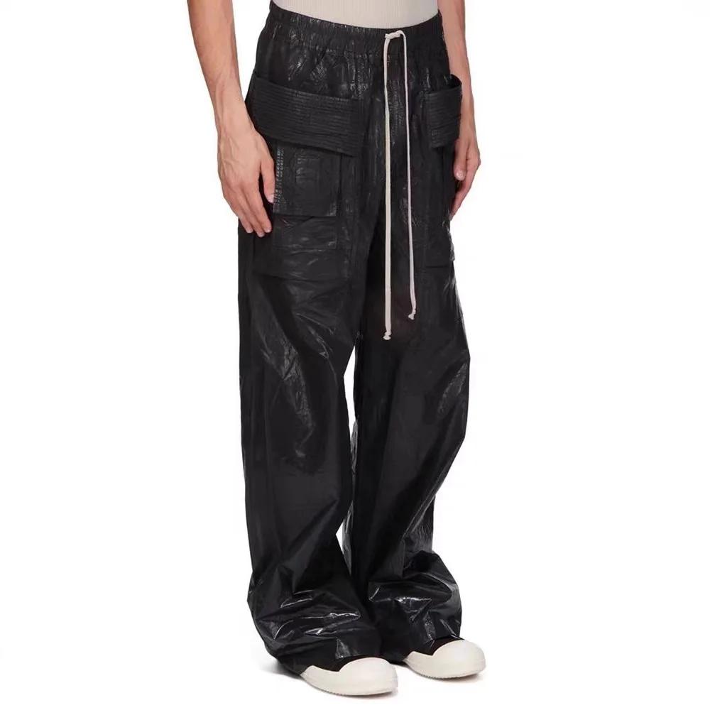 Pantalon Cargo noir à jambes larges, revêtement de teinture de cire Vintage, corne cylindrique, mult