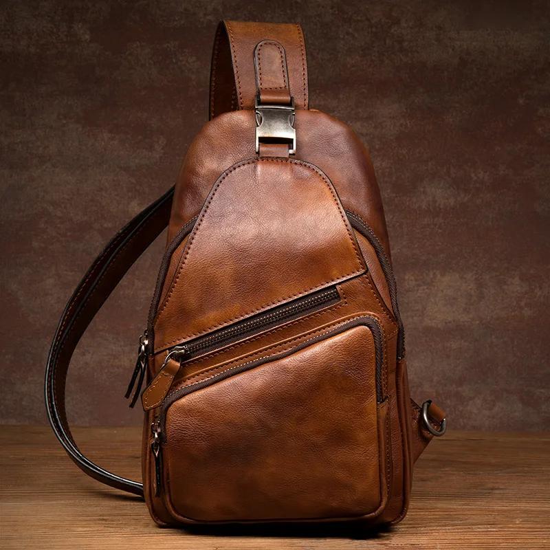Sac de poitrine en cuir de grande capacité pour hommes, sac à bandoulière décontracté, tendance rétr