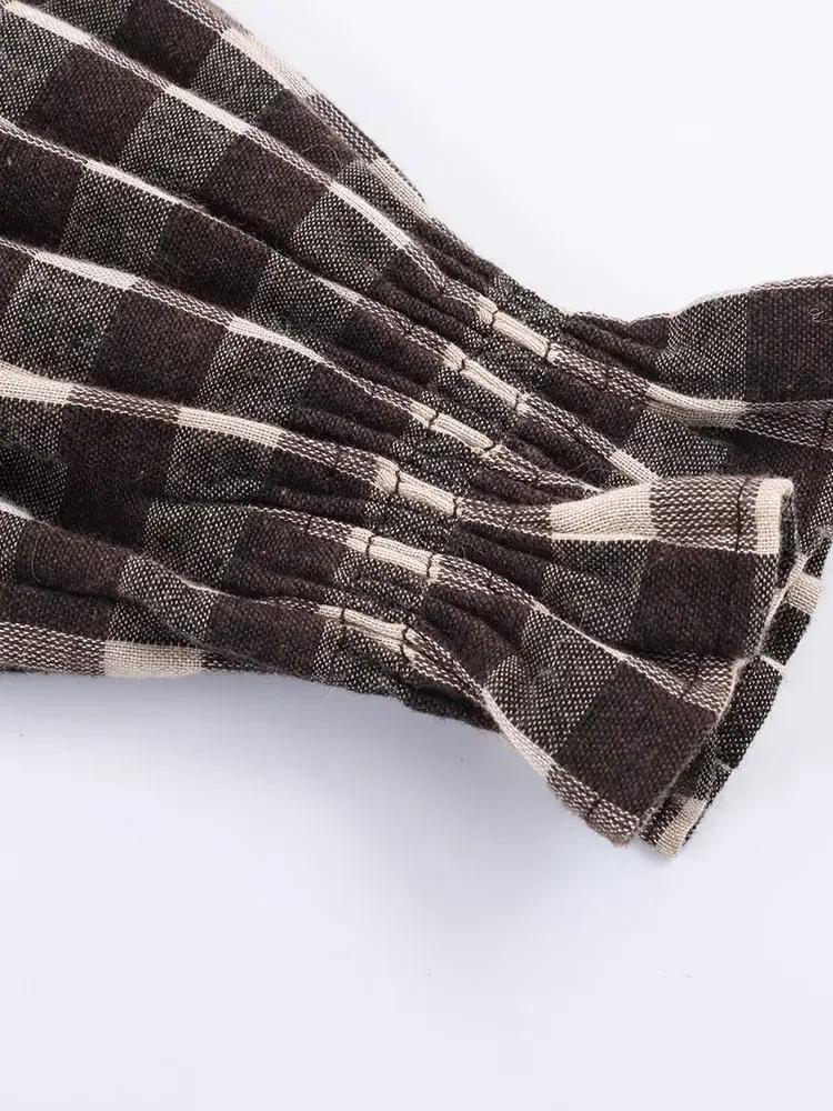 Nlzgmsj 2025 Vintage Chic marron chemises à carreaux femmes à manches longues Blouses pli mode décon
