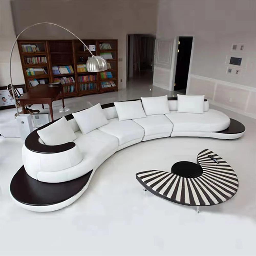 Canapé sectionnel incurvé moderne de luxe en cuir véritable, Design blanc et noir, décoration contem