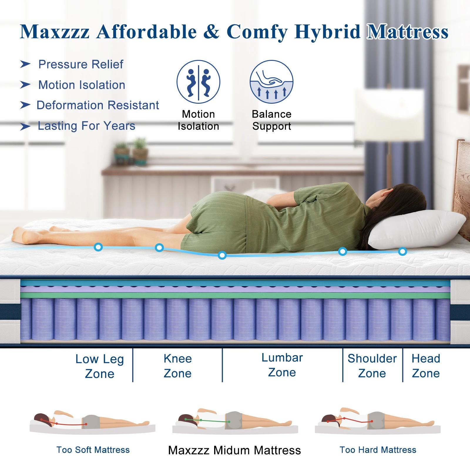 Maxzzz-matelas 10-12, lit double/king/queen size, avec mousse à mémoire de forme en gel, Végétde poc