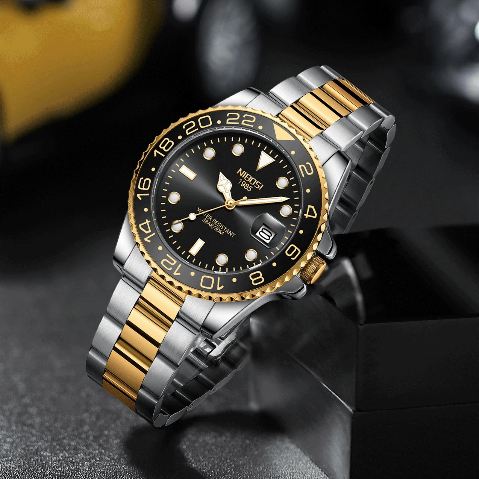 NIBOSI or noir montre hommes Top marque de luxe Quartz hommes montres étanche lumineux en acier inox