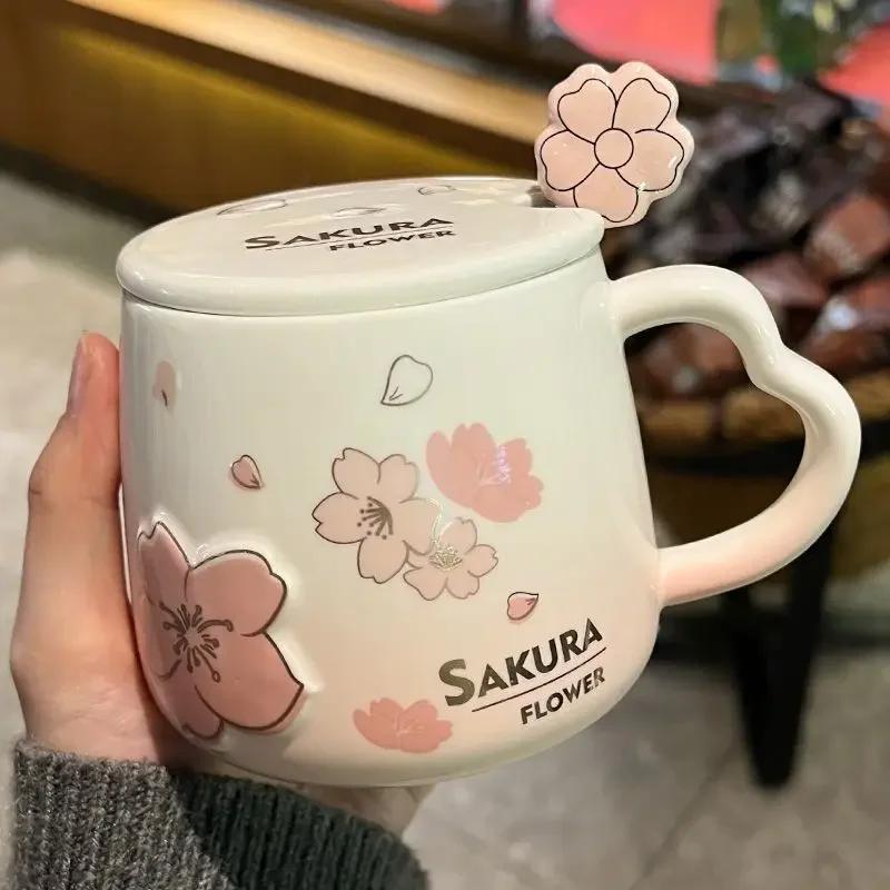 Tasse en céramique avec couvercle et cuillère, belle tasse à café, lait, poudre de Sakura, ménage, a