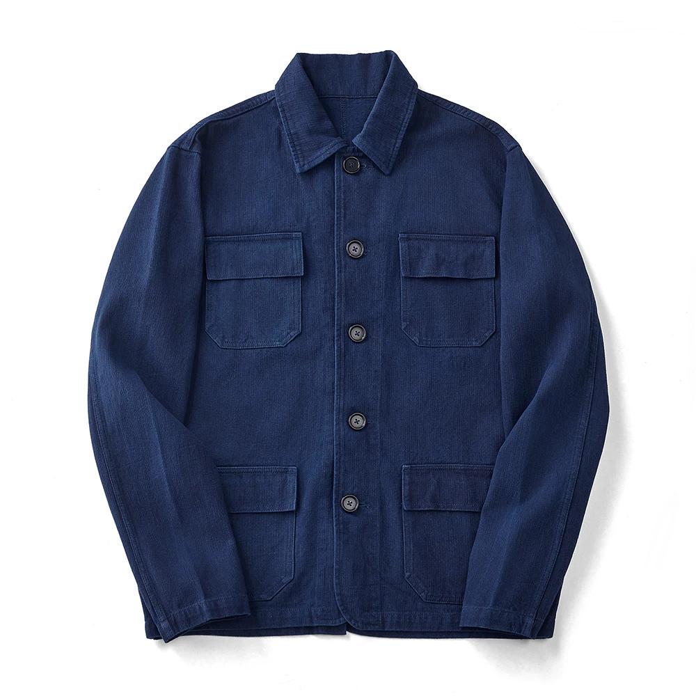 Veste indigo à chevrons vintage pour hommes, vêtements de travail français tehonneur en bleu, mantea
