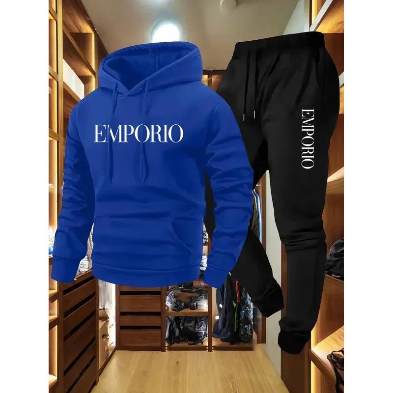 Ensemble jogging décontracté vert olive pour homme 2025 avec sweat à capuche EMPORIO imprimé et cord