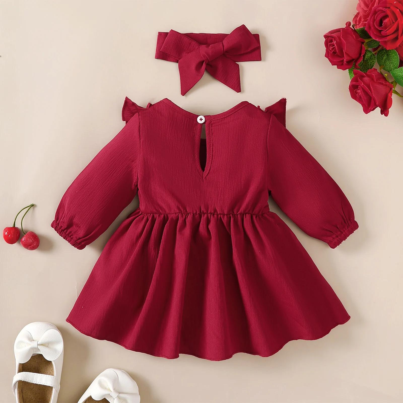 Robe d'automne pour bébé fille, bords et nœud à volants, robe à manches longues + bandeau pour 0-18 