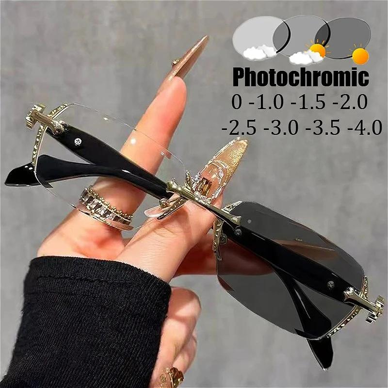 Lunettes de myopie photochromiques sans cadre haut de gamme, argent, or, bleu, blocage de la lumière