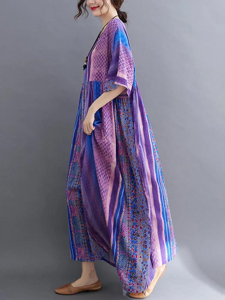 Manches courtes coton lin Vintage violet robes florales pour les femmes décontracté ample longue rob