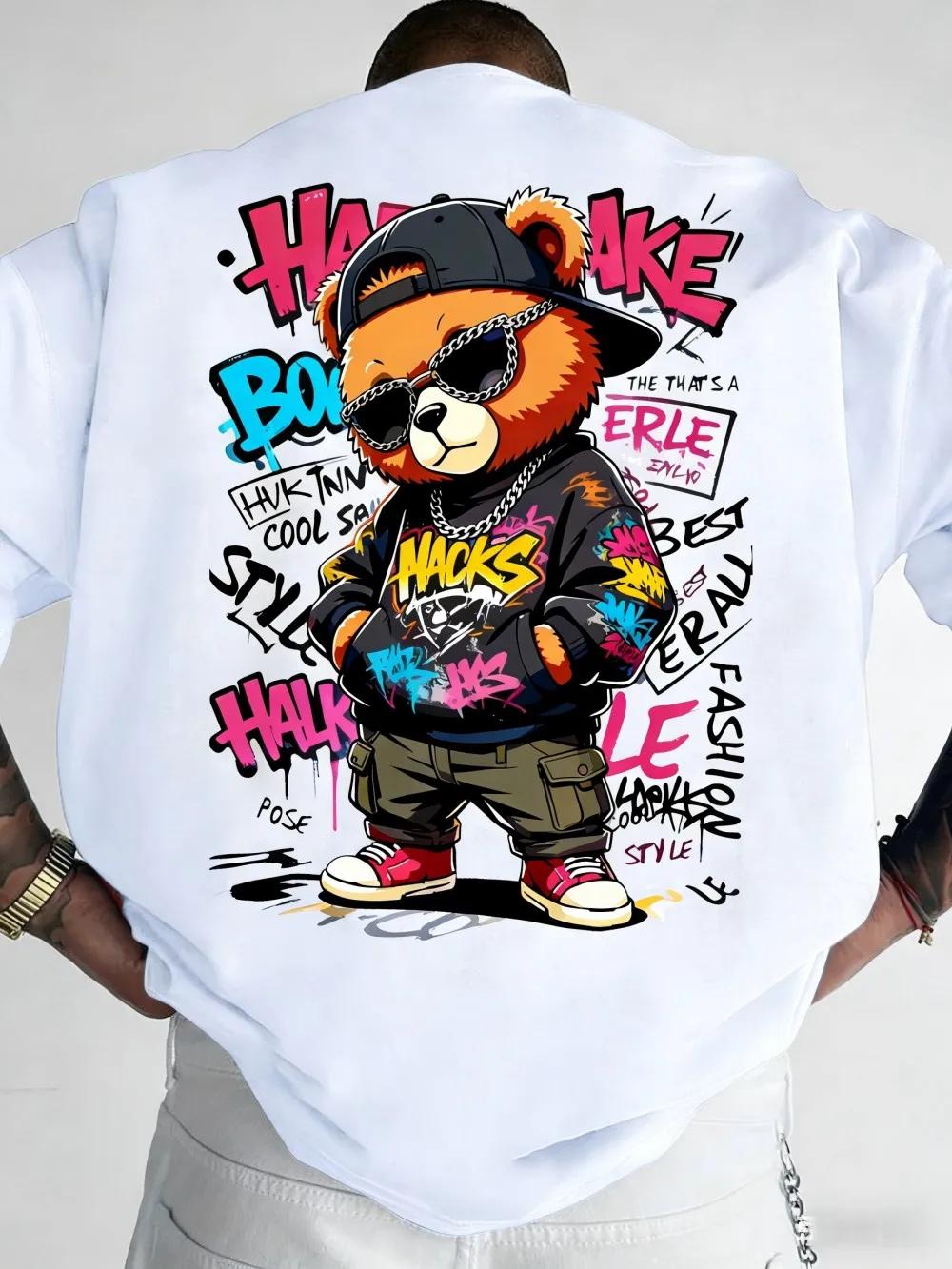 T-shirt à col rond pour hommes européens et américains, imprimé graffiti ours en peluche, confortabl