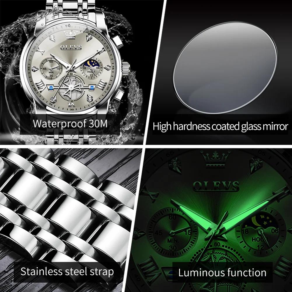 OLEVS-Montre-bracelet classique à quartz pour homme, chronographe multifonctionnel, phase de lune or