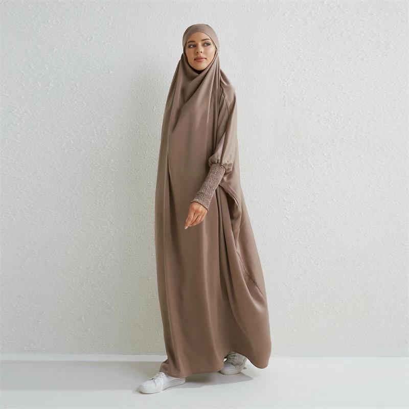 Abaya musulman à capuche manches smockées une pièce Robe de prière femmes Jilbab vêtements islamique