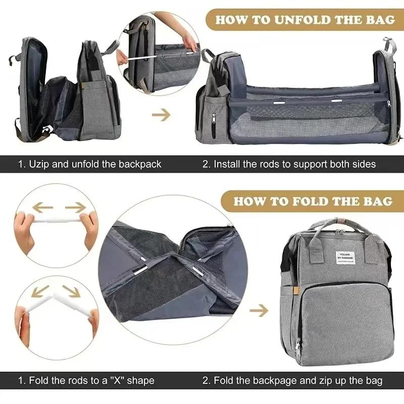 Sac à couches de lit pliable avec station à langer, poche isolée et grande capacité, sac multifoncti