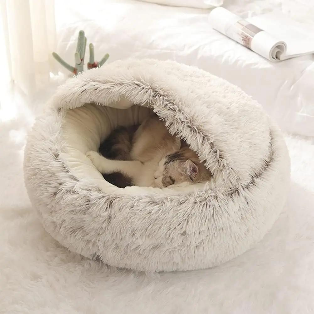 Lit rond en peluche pour chat, matelas pour animaux de compagnie, panier chaud, doux et confortable,