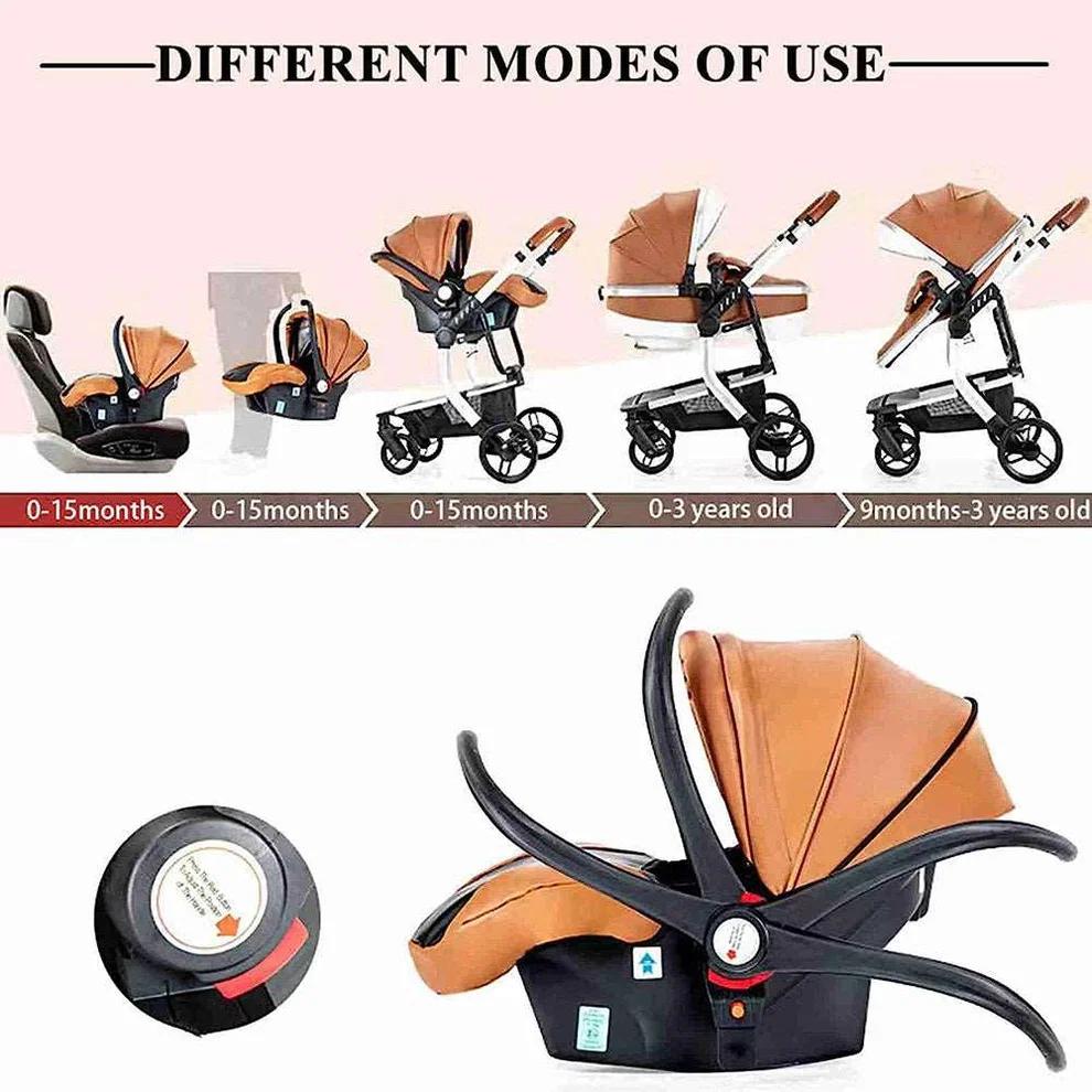 Poussette 3 en 1 en cuir PU pour bébé, avec mousqueton, siège de voiture, absorbant les chocs, imper