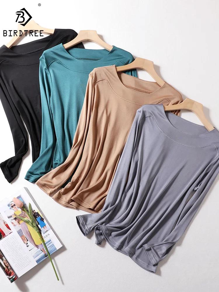 T-shirts en soie véritable Birdtree pour femme, col rond, uni, décontracté, manches longues, basique