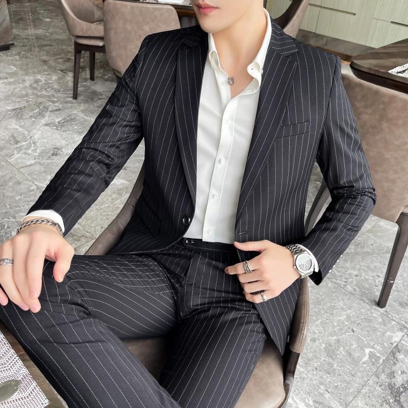 Ensemble de costume deux pièces pour hommes, coupe cintrée, de haute qualité, à rayures, pantalon et