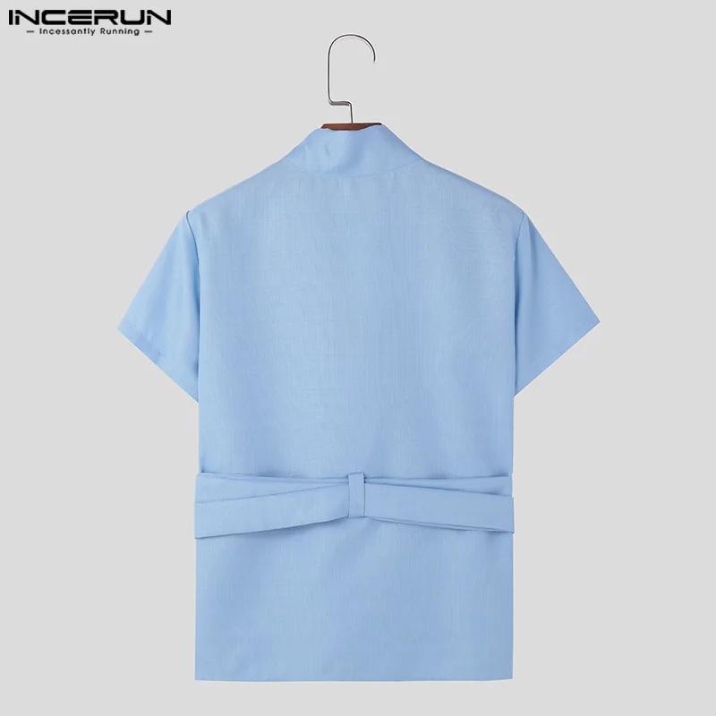 INCERUN hommes t-shirt couleur unie col en V à manches courtes été décontracté mâle t-shirt hauts St