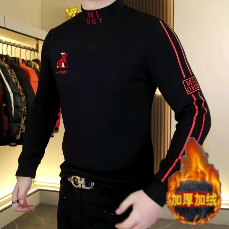 T-shirt à manches longues et col Semi-haut pour homme, en velours Double face, épais et chaud, Slim,