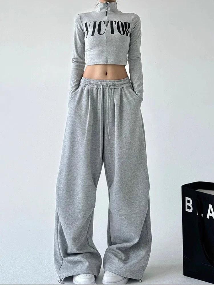 Pantalon de survêtement Y2K Harajuku à jambe large pour femme, streetwear ample et oversize gris, pa