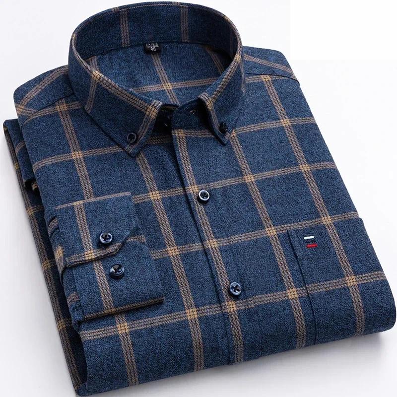 Chemise à carreaux en pur coton pour hommes, manches longues, coupe régulière, décontractée, surdime