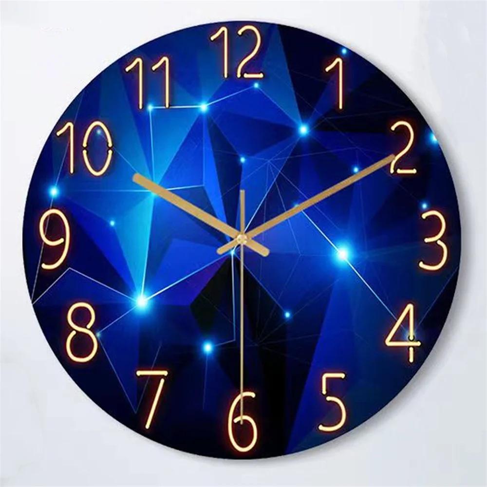 Horloge murale 12 pouces, éléments géométriques, bleu foncé, verre trempé épais, mouvement silencieu