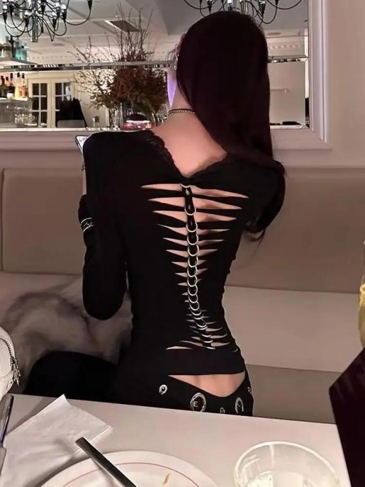 Seeslim noir Sexy dos évider femmes T-shirt Goth à manches longues mince 2000s vêtements Y2k t-shirt