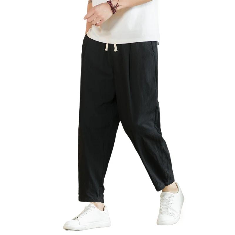 Streetwear hommes coton pantalon décontracté couleur unie pantalons longs respirant cordon pantalon 