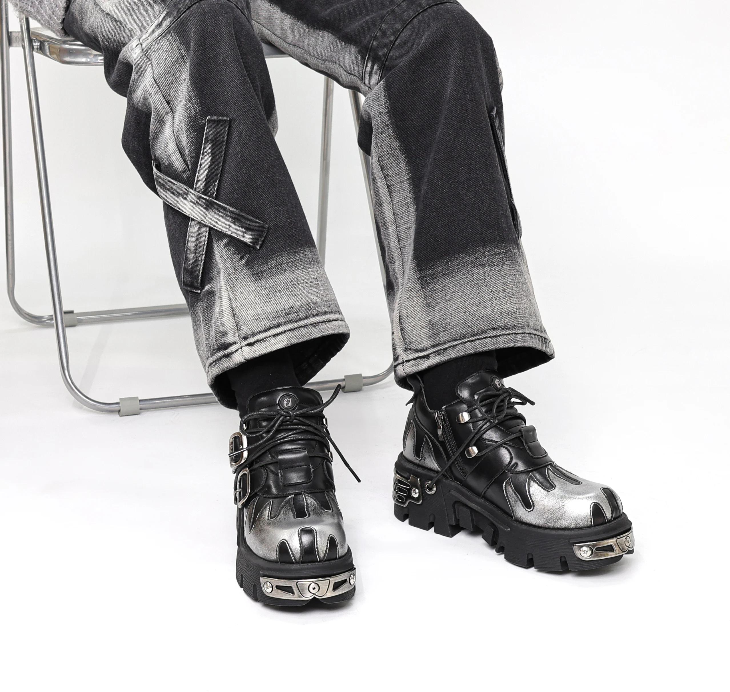 Chaussures de Couple Rock Vintage pour hommes et femmes, bottes rétro en cuir Punk foncé, Design de 