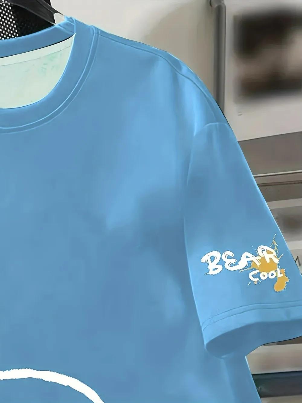 T-shirt d'été respirant à col rond pour hommes, avec motif imprimé d'ours de dessin animé, adapté au