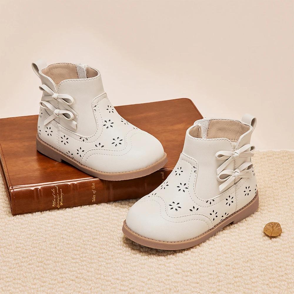 Dave Bella bottes courtes en cuir pour enfants hiver filles anti-dérapant chaussures en peluche mode