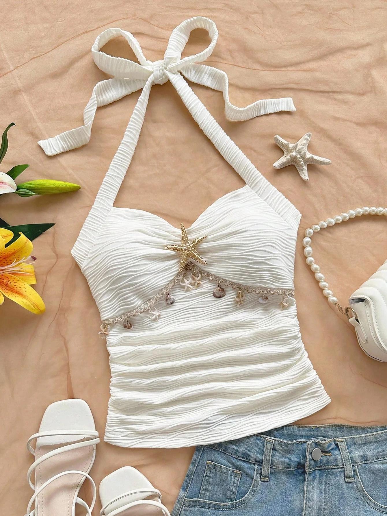 Cravate à bretelles pour femmes, décoration de coquille d'étoile de mer, gilet en tissu tricoté à bo