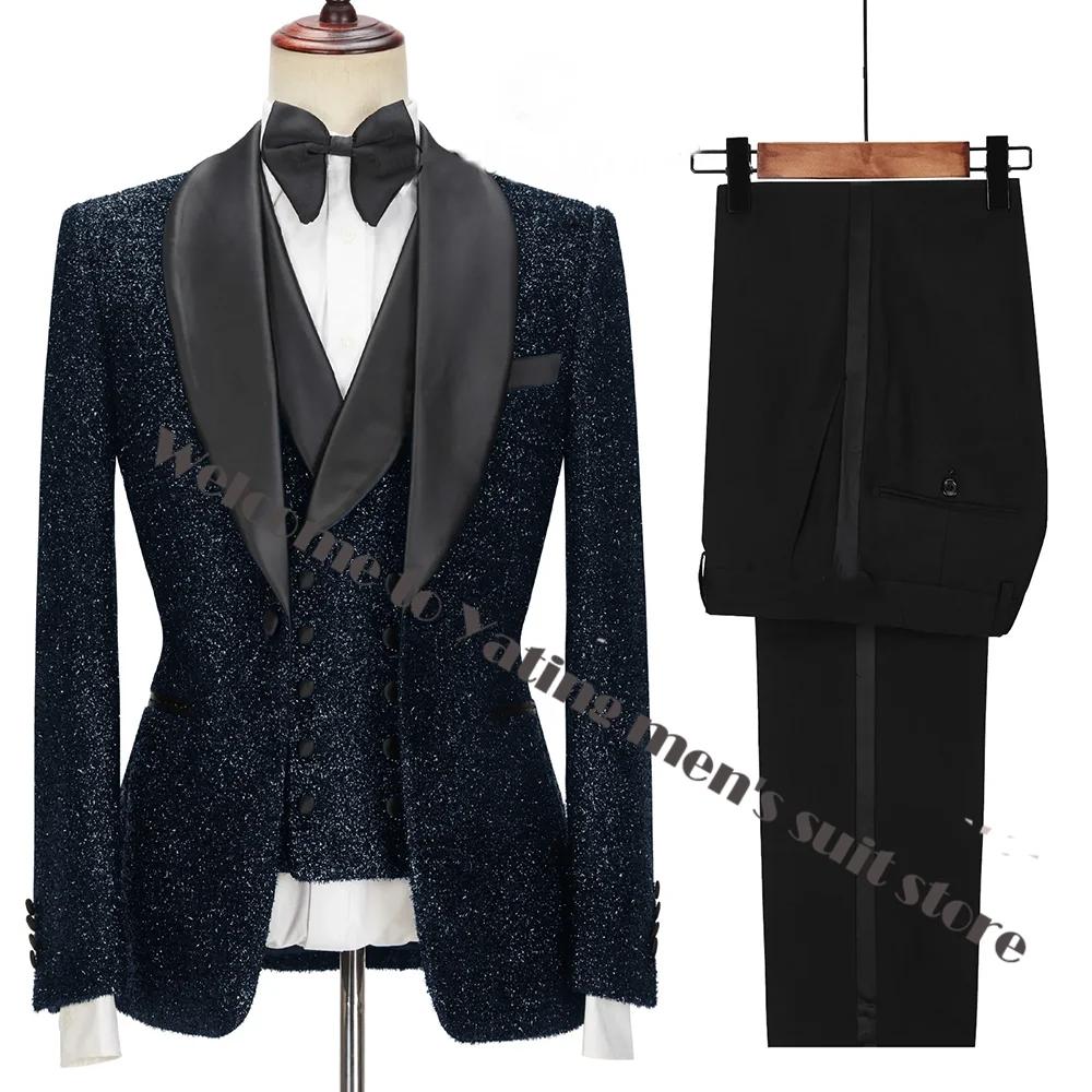 Dernières conceptions de manteau et de pantalon pour hommes, costumes noirs brillants à la mode pour