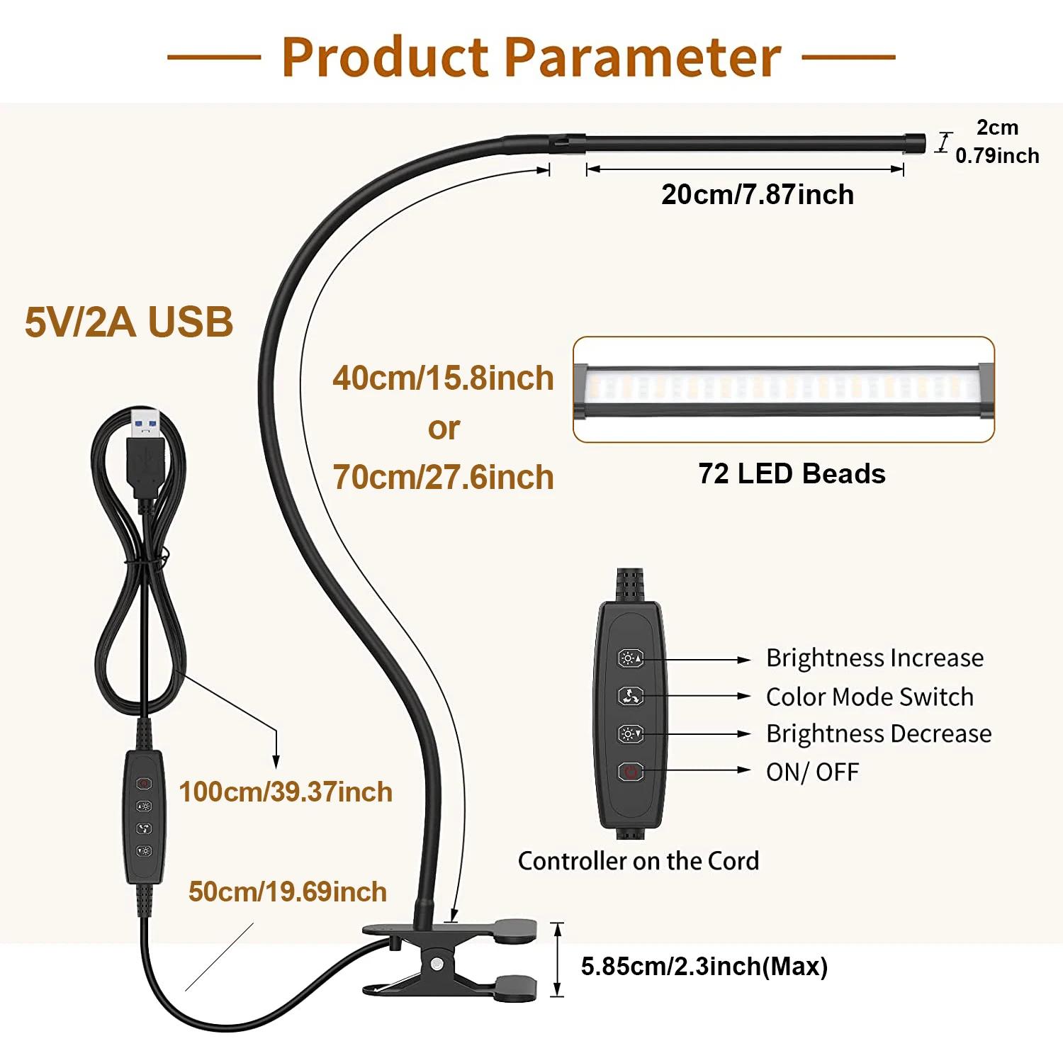 Lampe de bureau LED 10W avec pince, intensité variable, 10 niveaux de luminosité, 3 Modes d'éclairag