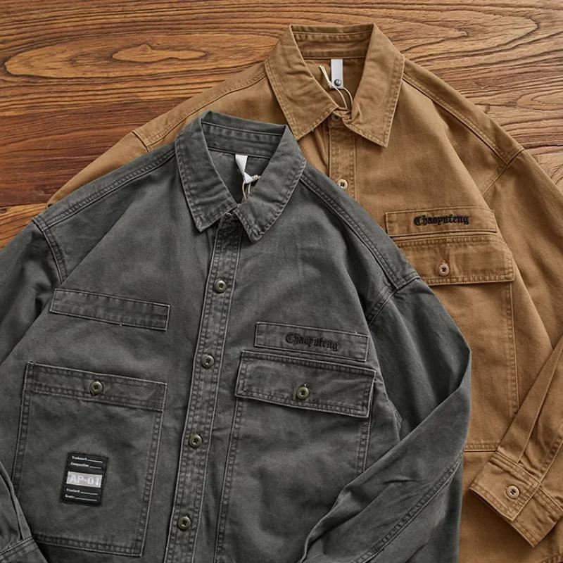 Chemise rapcargo à manches longues pour hommes, chemise rétro pour hommes, pur coton, manteau décont