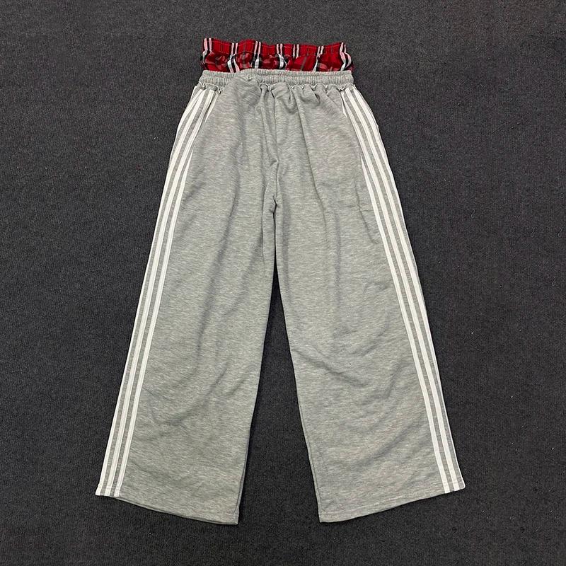Pantalon décontracté à Double taille à carreaux pour femmes, ample, mode de rue, avec lettres brodée