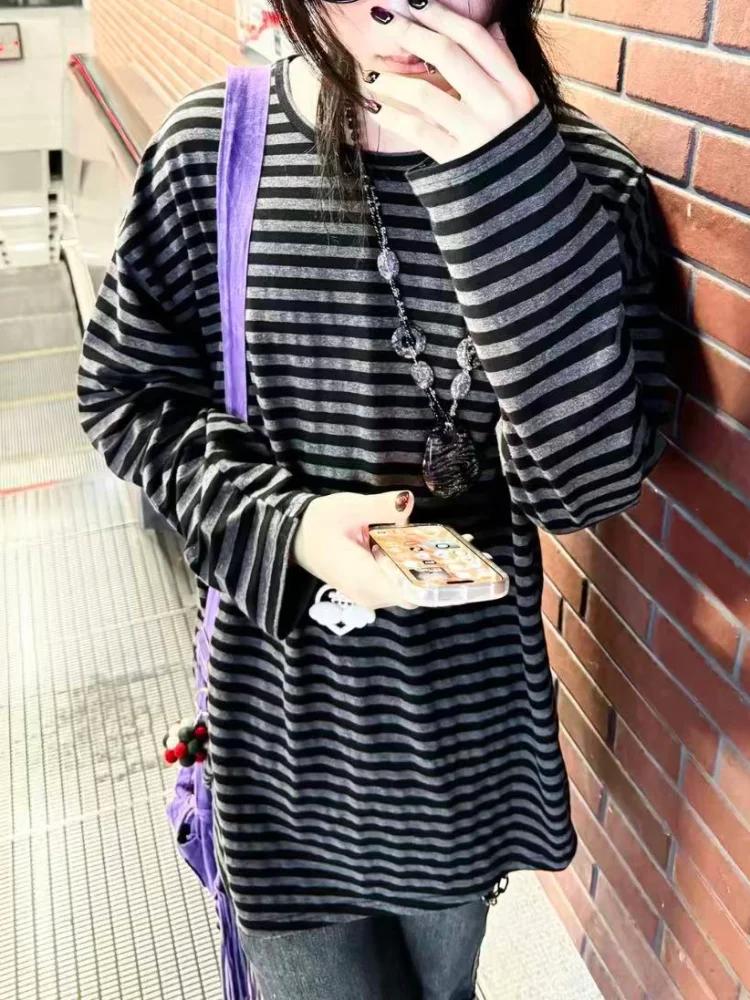 T-shirt manches longues pour femmes, vêtements japonais Y2k, hauts rayés, ample et fin, Grunge des a