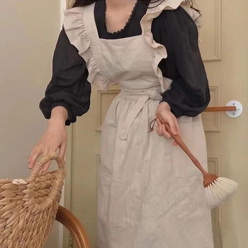 Japonais coréen volants cuisine café travail Falbala tablier kawaii maison coton lin tablier avec de