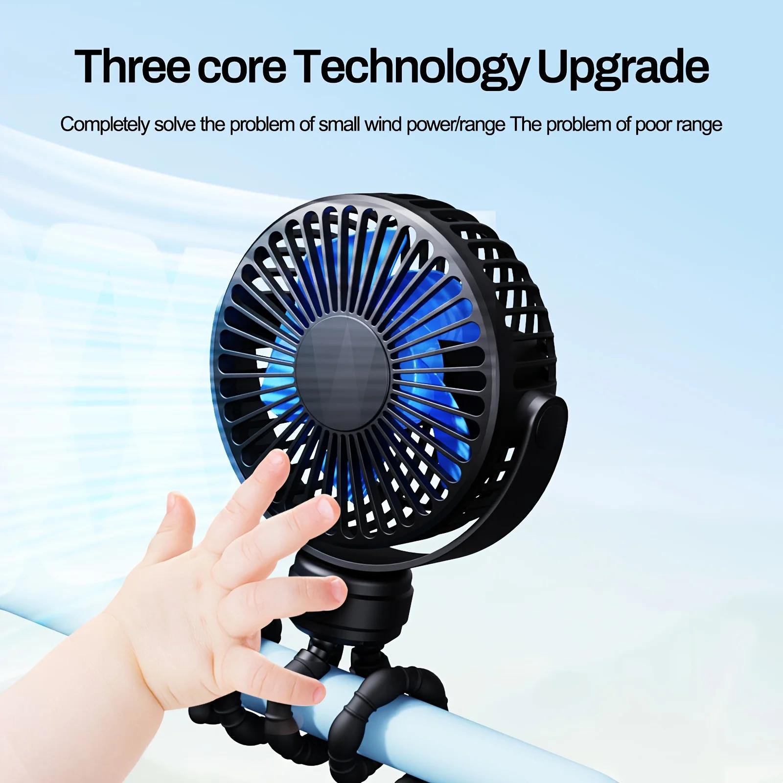 Mini ventilateur portable flexible sur trépied, rechargeable, 3 vitesses, pour poussette, avec rotat