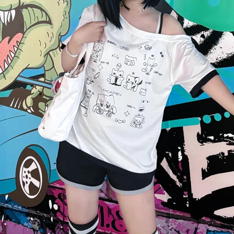 Japonais Y2k sous-culture mignon T-shirt épaules dénudées blanc à manches courtes été T-shirt femme 