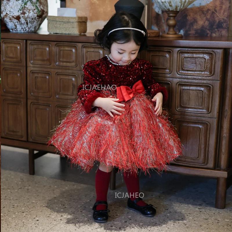 Robe de princesse rouge pour filles, tenue de cérémonie pour célébrations annuelles, robe de spectac