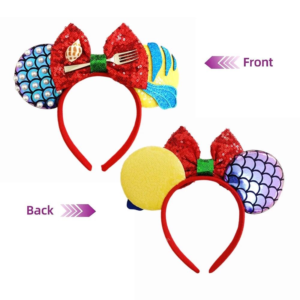 Bandeaux oreilles de Mickey Mouse série sirène pour femmes, accessoires de cheveux de fête, nœuds à 