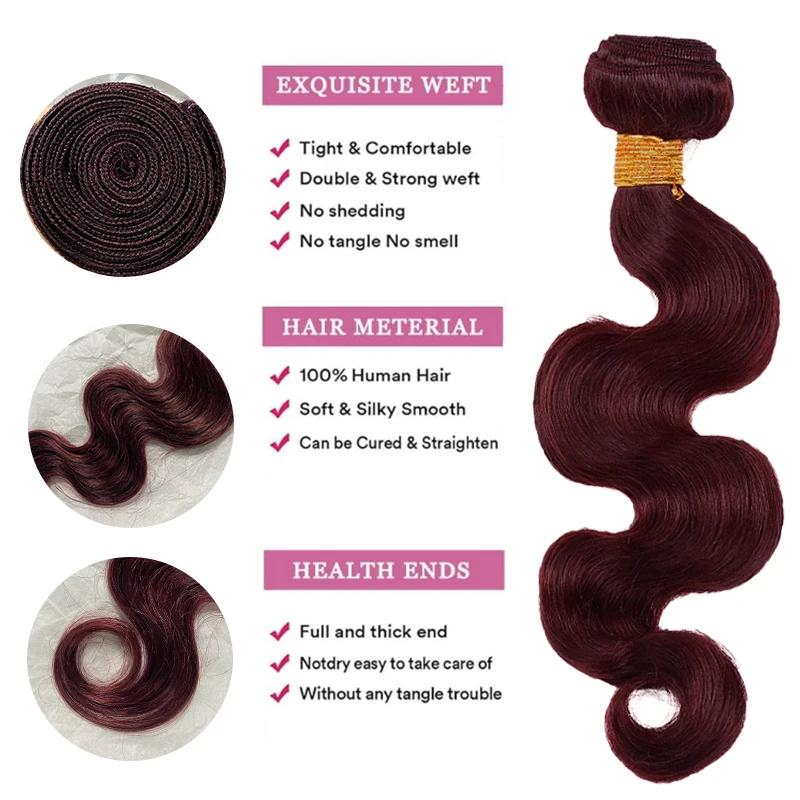 Extensions de cheveux humains 100% naturels, ondulés, couleur bordeaux 99j, 1/3/4 paquets, tissage b