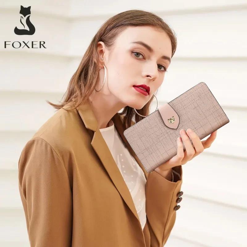 FOXER Portefeuille long de luxe pour femme en cuir fendu, élégant porte-cartes, pochette multi-carte